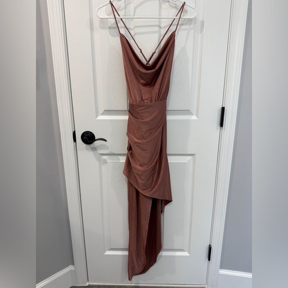 Lulu's Curve Alert Mauve Pink Cowl Neck Asymmetrical Bodycon Dress Womens Size S - Picture 2 of 7